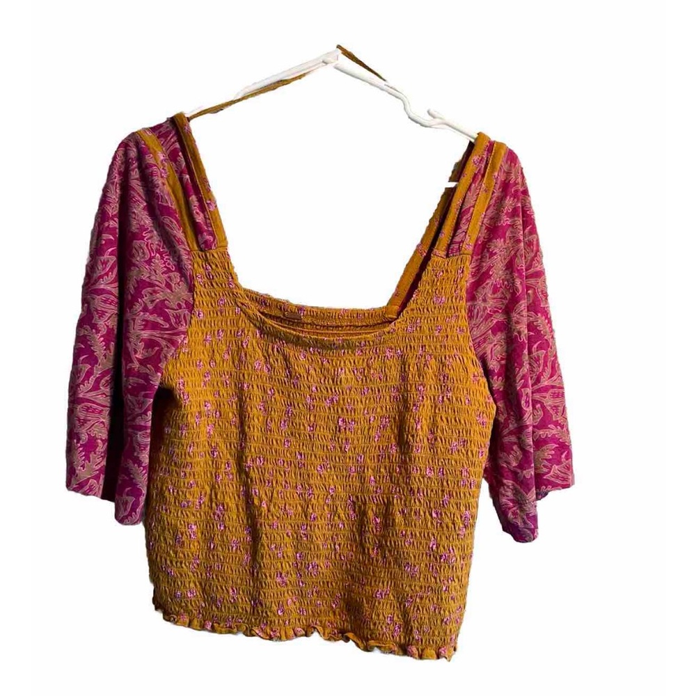 Free People Pink & Mustard Two-Tone Smocked Square-Neck Blouse